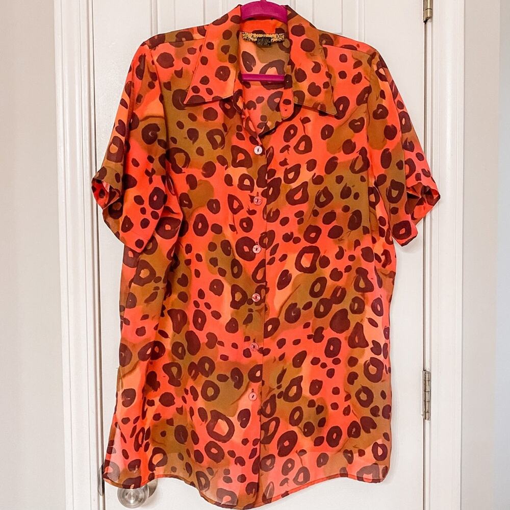 ASHLEY STEWART • Orange Leopard Print Sheer Short Sleeve Button Down Top